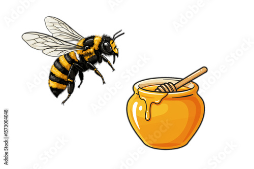 A detailed bee flies near a jar of golden honey, perfect for designs related to natural food, apiculture, or sweet treats.