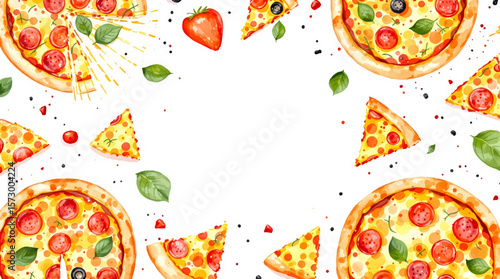 Seamless watercolor pattern featuring isolated pizza slices on a clean white background ideal for fast food and Italian cuisine designs	