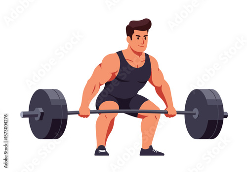 Cartoon Muscular Man Lifting Heavy Barbell in Squat Position.
