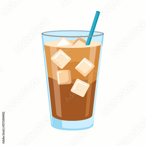 Iced Coffee in Clear Glass with Blue Straw and Square Ice Cubes Pixel Art Illustration on White Background
