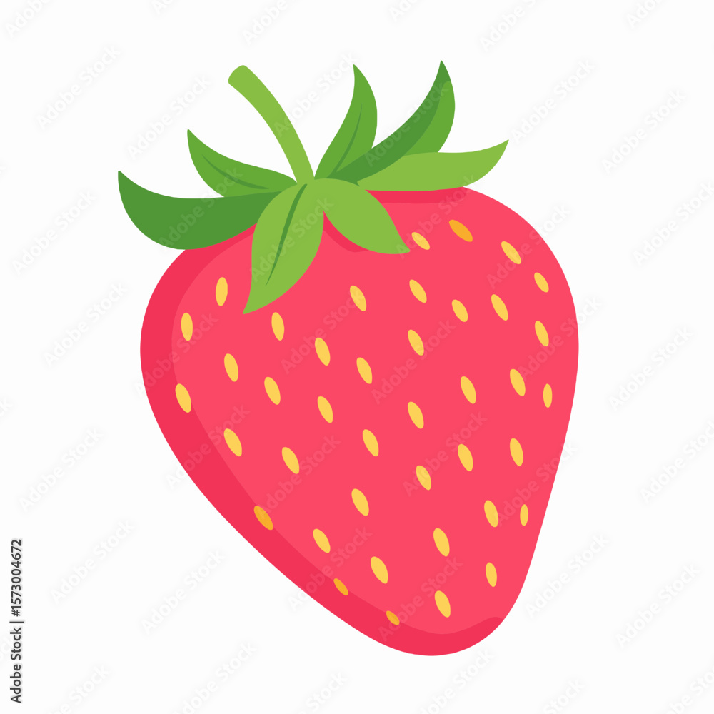 Fototapeta premium Illustration of a Ripe Red Strawberry with Green Leaves and Yellow Seeds on White Background Close Up