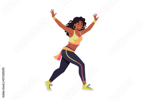 Energetic Woman Dancing Zumba with Arms Raised and Wearing Sporty Outfit.
