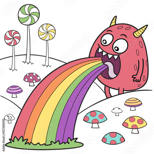 Cartoon monster with horns vomiting a rainbow surrounded by lollipops and mushrooms on a white background