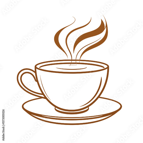 Illustration of Steaming Coffee Cup on Saucer in Brown Outline Isolated on White Background