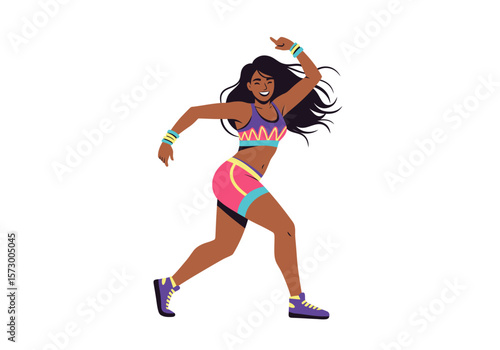 Energetic Woman Dancing Zumba with Colorful Outfit and Dark Hair.