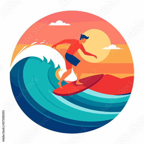 Illustration of Surfer Riding a Wave at Sunset With Red Surfboard and Blue Shorts in Orange Sky