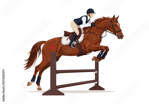 Equestrian Horse Jumping Over Hurdle with Rider in Competition Attire.