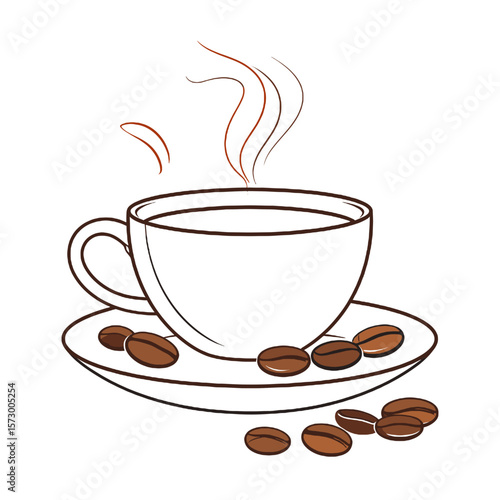 Isolated Illustration of Steaming Coffee Cup with Brown Beans on Saucer in White Background