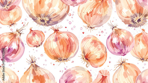 Watercolor Pink Onion Pattern Background For Recipes And Food Design
