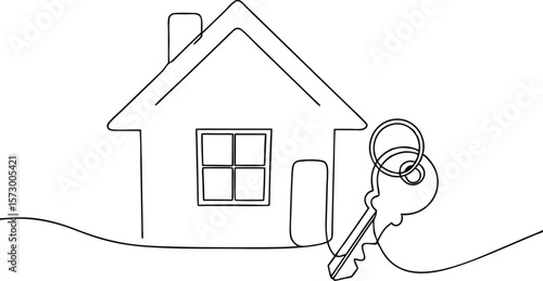 Continuous one line drawing of a house and a key, a minimalist abstract concept for the real estate market, property investment, and home ownership.