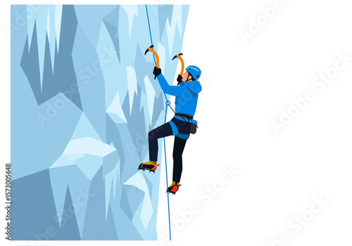 Ice Climber Ascending a Frozen Wall with Axes and Safety Gear 1.