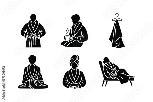 Diverse silhouettes of people in bathrobes enjoying relaxation and spa activities