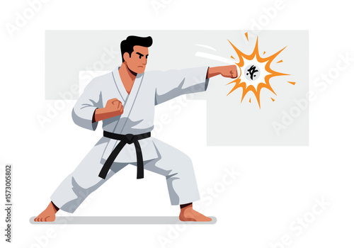 Karate Man in White Gi Punching with Forceful Energy Burst Illustration.