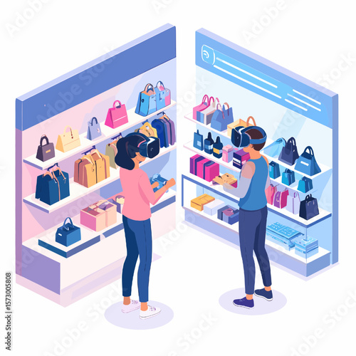 Isometric Illustration of People Using Vr Headsets for Virtual Reality Shopping Experience Inside the Store with Bags and Clothes on Display Shelves