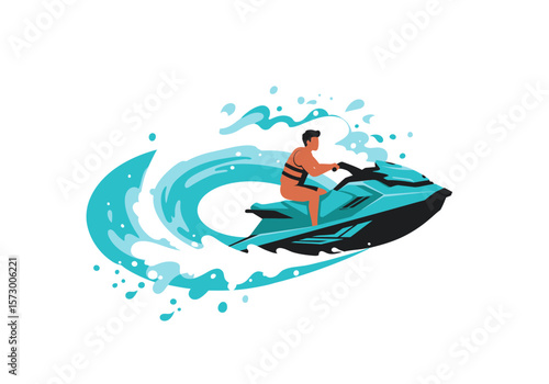 Man riding a turquoise jet ski with water splashes in a vector illustration.