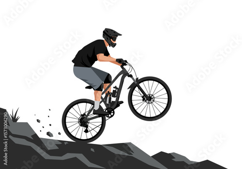 Mountain Biker Performing a Wheelie on a Downhill Bike with Protective Gear.