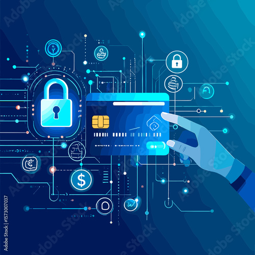 Digital Financial Security Illustration Featuring Credit Card Lock and Hand in Blue Tones