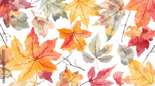 High-quality watercolor seamless pattern featuring vibrant autumn leaves set against a pristine white background.	