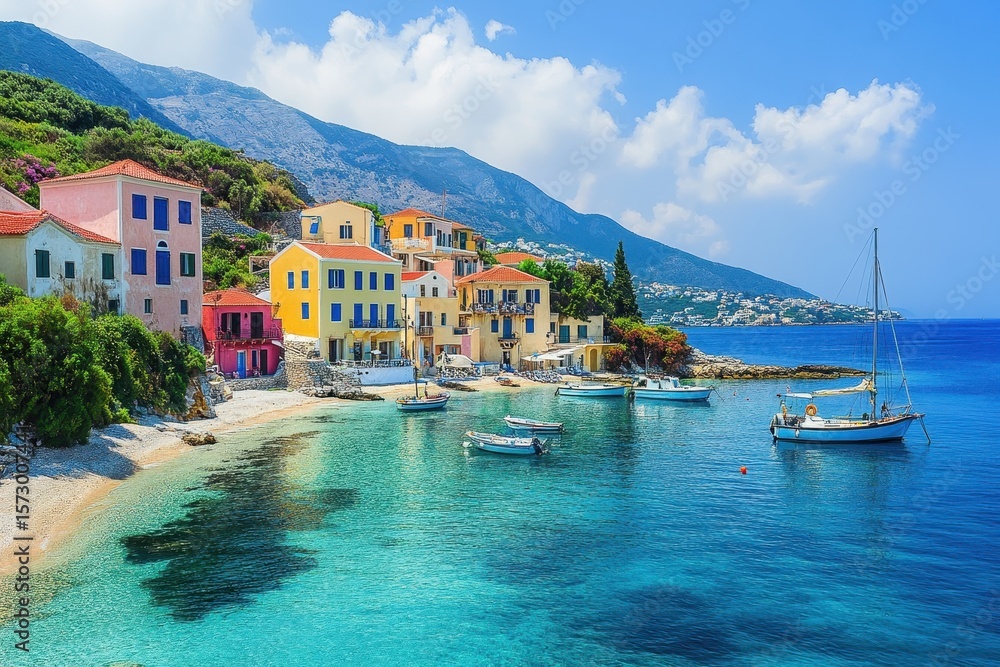 Fototapeta premium Vibrant coastal village with colorful houses and boats in Kefalonia, Greece during sunny day, Tourist destination in Greece Kefalonia island greek summer resort