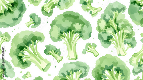 Fresh green cabbage broccoli seamless pattern. Hand drawn vector illustration, watercolor splashes background. Vegetarian eco food product, organic, vegan nutrition. For recipe book, menu cover design