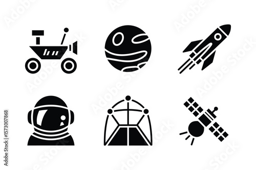Space exploration icons including rover astronaut planet rocket satellite and geodesic dome