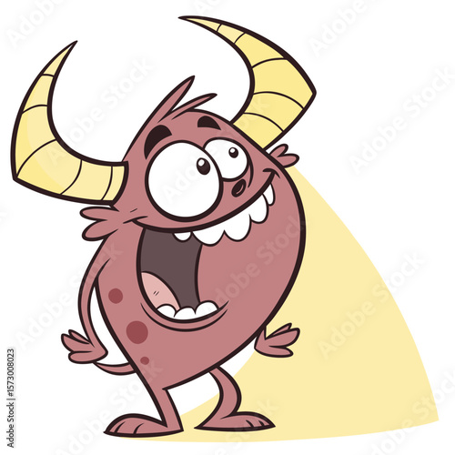 Cartoon monster with horns and spots smiling with an open mouth on a light yellow background area design