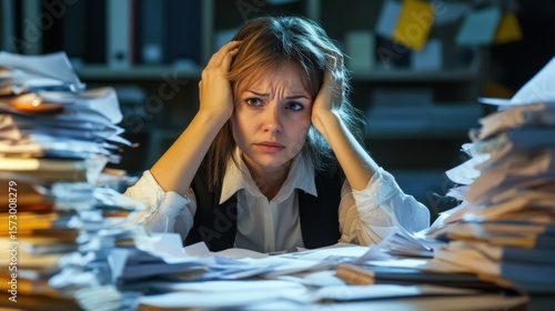 Overwhelmed Woman Drowning in Paperwork.