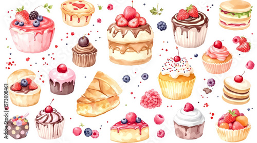 Watercolor Sweet desserts pattern on white background	