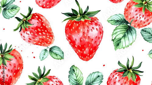 Seamless strawberry pattern with ripe red berries and green leaves on a sweet summer background