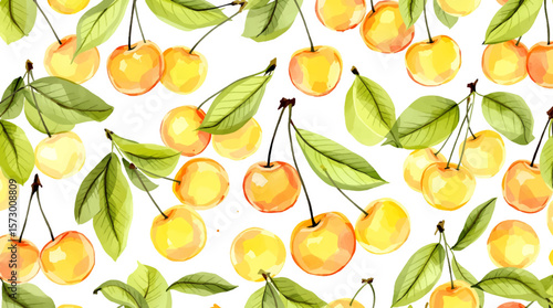 Watercolor background pattern yellow cherries on white background	