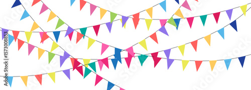 Colorful watercolor carnival garland with flag. Decorative colorful party pennants for birthday celebration, festival decor. Colorful bunting flags.
