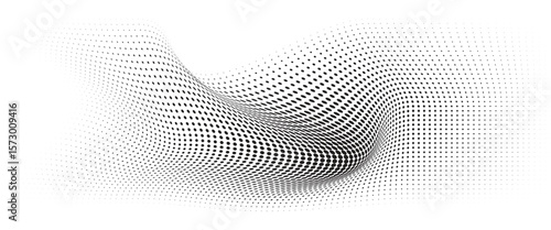 Flowing Wave Dot Halftone Pattern: Curve Gradient Shape on Transparent Background. Suitable for AI, Tech, Network, Digital, Science, and Technology Themes.