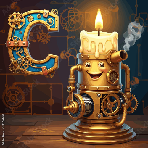Steampunk candle with letter C, for creative projects. Steampunk Style Alphabet