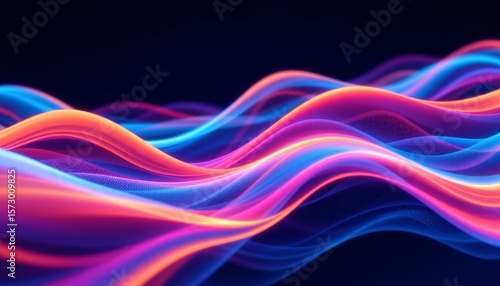 Abstract glowing wavy lines with neon colors and particle effects on a dark background