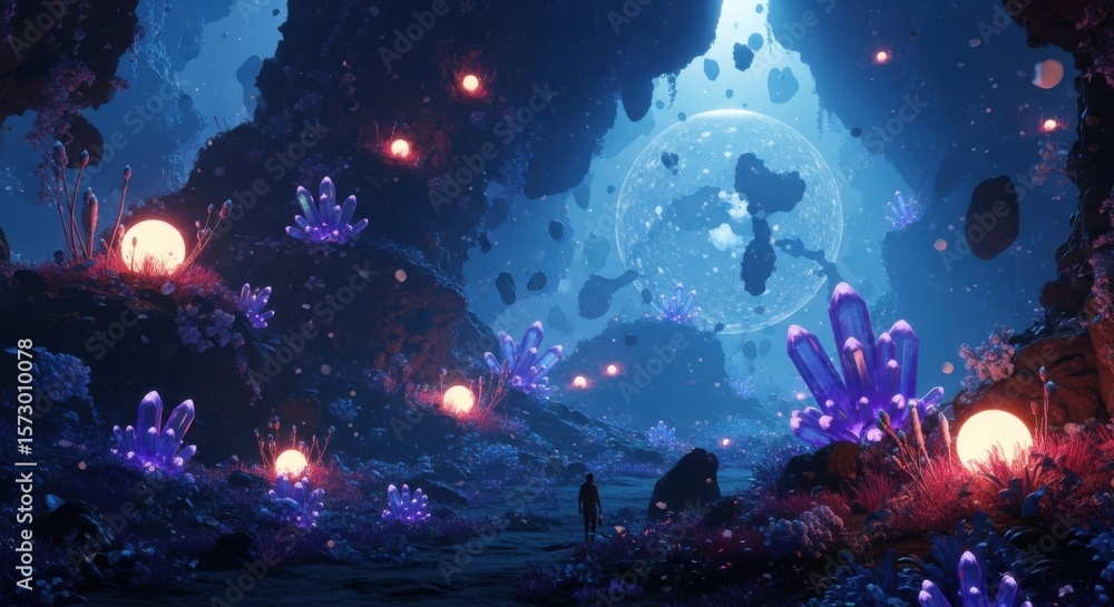 Obraz premium Enchanting Alien Cave Landscape Illuminated by Bioluminescent Flora and Crystalline Formations