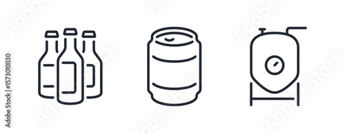 Beer can, bottle and brewery editable stroke outline icons set isolated on white background flat vector illustration. Pixel perfect. 64 x 64.	