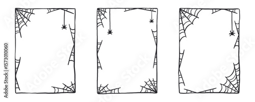 Spider web frame collection vector illustration. Halloween holiday vertical border template.