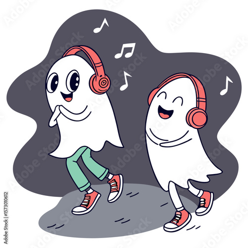 Two cartoon ghosts wearing headphones and sneakers dancing with musical notes floating around them happily