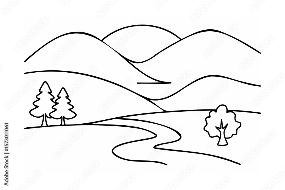 Rolling hills with trees and winding river landscape Rolling hills with trees and winding river landscape