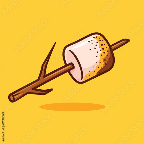 Toasted marshmallow on a wooden stick illustrated in a playful cartoon style. Ideal for camping content, children's illustrations, or food packaging designs.

