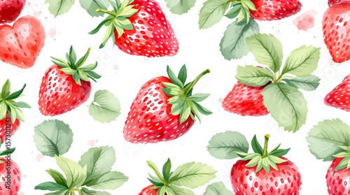 Watercolor pattern strawberries on white background	
