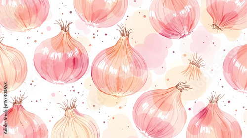 Watercolor Pink Onion Pattern Background For Recipes And Food Design

