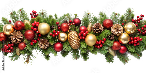 A festive christmas garland with pine branches, red and gold ornaments, berries, and pine cones creates a traditional holiday decoration isolated on transparent background
