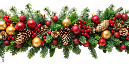 A festive christmas garland with pine branches, red and gold ornaments, berries, and pine cones creates a traditional holiday decoration isolated on transparent background