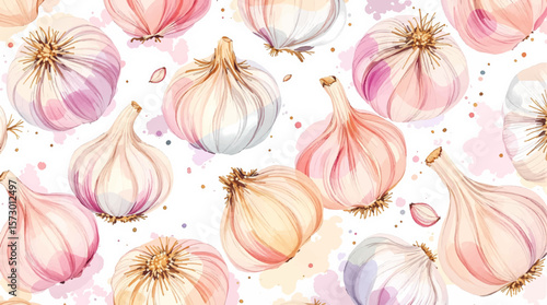 Pastel Watercolor Garlic and Onion Bulbs Pattern for Culinary and Home Decor