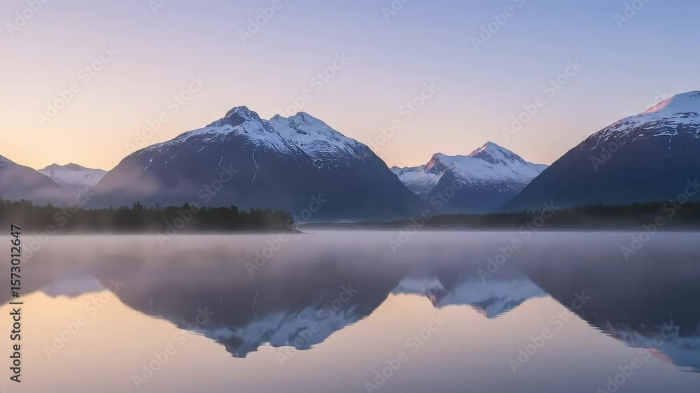 Serene sunrise over misty mountain lake reflecting snow-capped peaks. Serene sunrise over misty mountain lake reflecting snow-capped peaks.