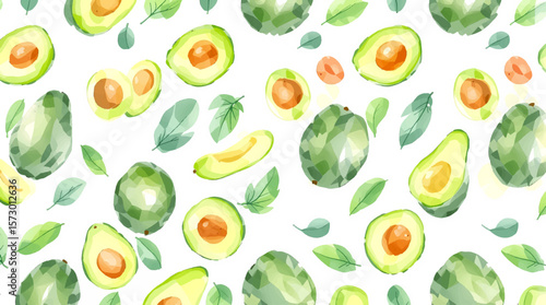 Watercolor background pattern avocado on white background
