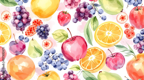 Colorful Easter eggs and fresh fruits collection on white background