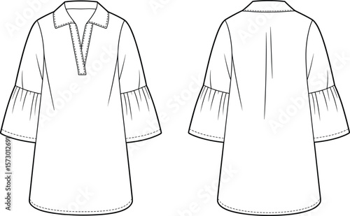 women’s tunic blouse flat sketch, fashion cad drawing, flared sleeve design, technical vector illustration, apparel template, sewing pattern
