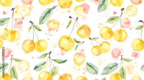 Watercolor Yellow Cherry Pattern: Bright Spring Fruit Motif for Backgrounds and Decor

